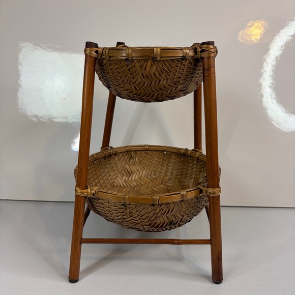 Vintage Other - Vintage Rattan 2 Tier Trinket Stand Woven Wicker Tiered Pedestal Basket Decor